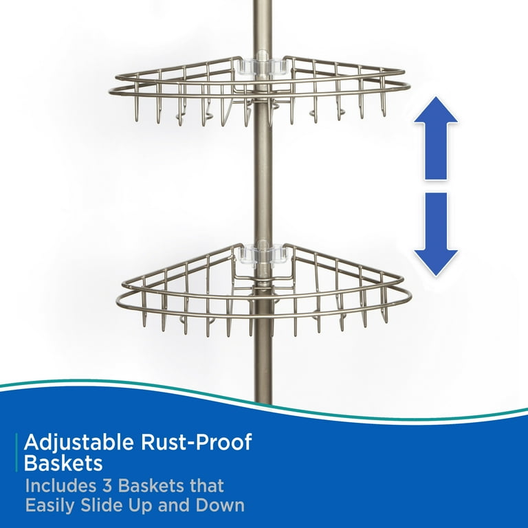 Kenney 3-Tier Stainless Steel Spring Tension Shower Corner Pole Caddy with Four Clip-on Hooks and Razor Holders, Satin Nickel Kenney 3-Tier Stainless Steel Spring Tension Shower Corner Pole Caddy with Four Clip-on Hooks and Razor Holders, Satin Nickel