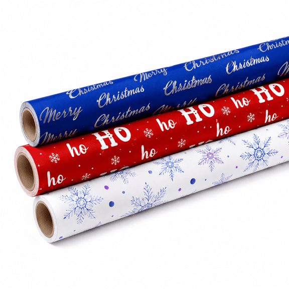 Caneden 3‑Pack Coated Wrapping Paper Rolls, Merry Christmas, Ho‑Ho & Snowflake Prints, Holiday Gift Wrap