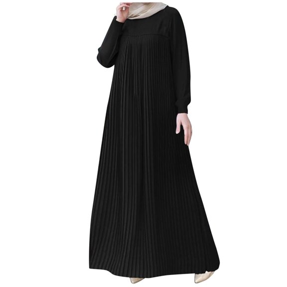 XIAOCHA Women's Pleated Dress Loose Flowy Long Sleeve Maxi Dress Breathable Modest Casual Dresses
