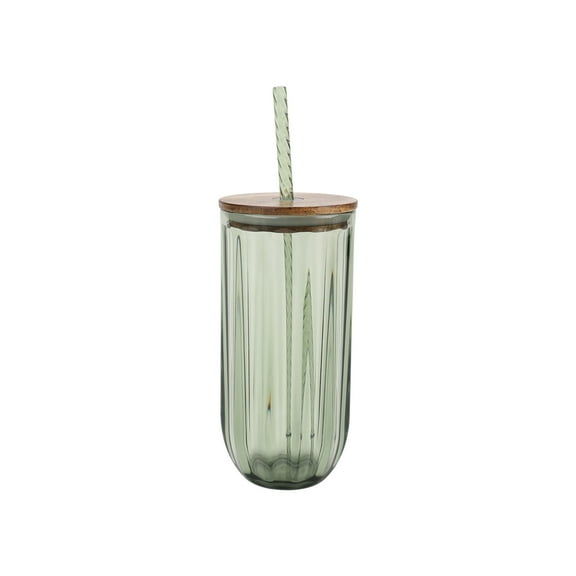Better Homes & Gardens Fluted 21-Ounce Tritan Plastic Sipper with Acacia Wood Lid, Green