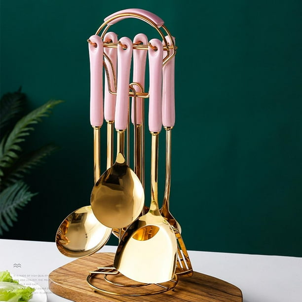 Utensilios de cocina de material acero inoxidable con soporte, antiadherente herramientas de cocina Gadgets conjunto con organizador de Rosa perfecl utensilios de cocina