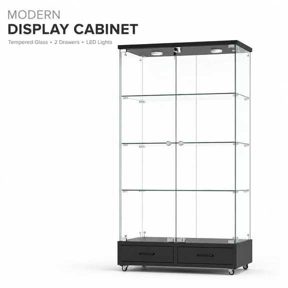 Modern Glass Display Cabinet with LED Lights, Black Tempered Glass Curio Cabinet with 2 Large Drawers, 4 Shelves Lockable Storage Display Case, Tall Bookshelf Cabinet with Wheels for Living Room