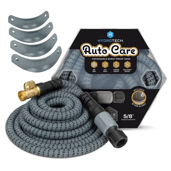 Hydrotech 60 ft Garden Hose – Patented Force Control, Burst-Proof, Lightweight, Flexible, No-Kink Design, 5/8", 4 Tire Hose Guides, Ideal for Car Wash & Automotive Care