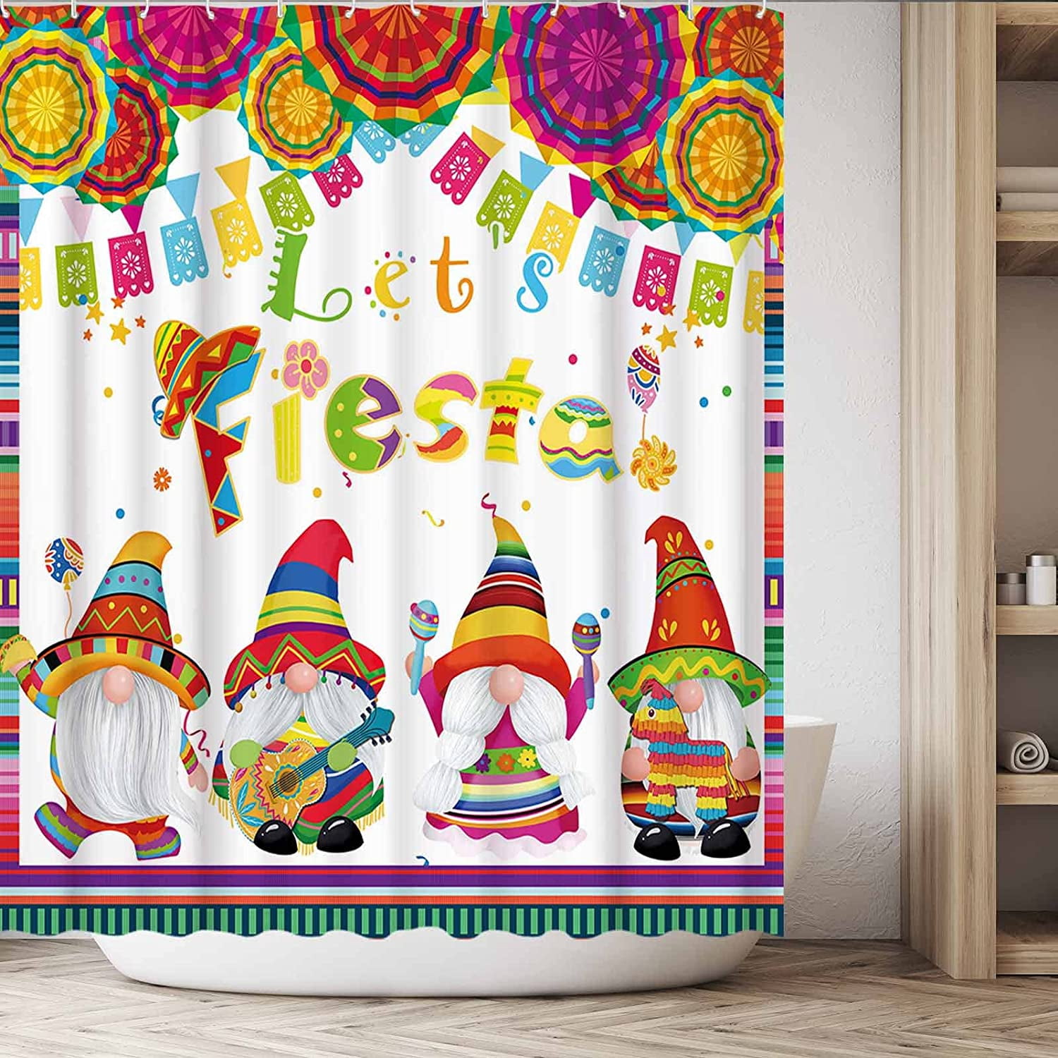 72" x 72" Let's Fiesta Gnomes Baby Shower Curtain Set with Hooks Cinco De Mayo Bright Bathroom Decorations Bathtubs Decor Easy Care Washable Waterproof Polyester Fabric