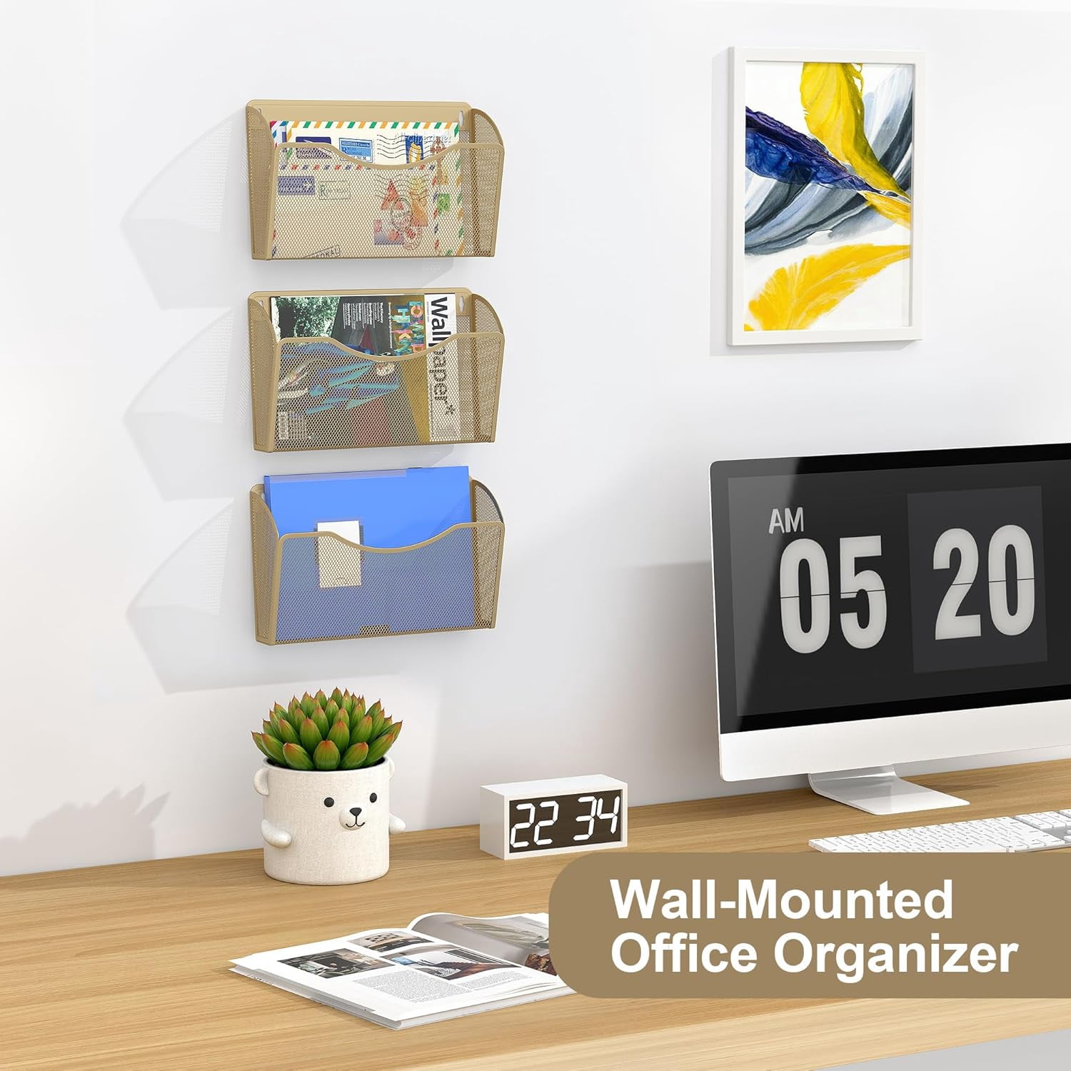 Wall File Organizer, Metal Mesh Hanging File Folder Holder for Letter/A4 Size Folders, Vertical Wall Mount Mail Sorter for Office Paperwork, Classroom, Gold