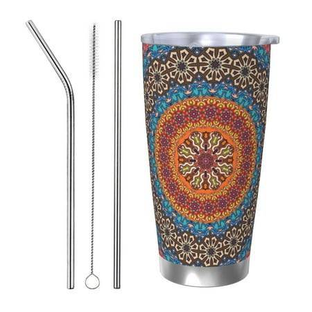 

Cauagu Mandala Pattern 20oz Tumbler Stainless Steel Vacuum Insulated Tumbler with Lid Insulated Coffee Mug Thermal Cup with Splash Proof Sliding Lid-Straw Three-piece Set