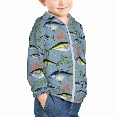 

Uemuo Various Wild Sea Fish Pattern Rash Guard for Boys Girls Long Sleeve Swim Shirts UPF 50+ UV Sun Protection Hooded Fishing Shirt with Pocket for Kid-4 Years