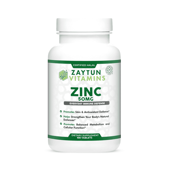 Zaytun Halal Zinc 50 mg Supports Immune Health, One Per Day, 100 Tablets