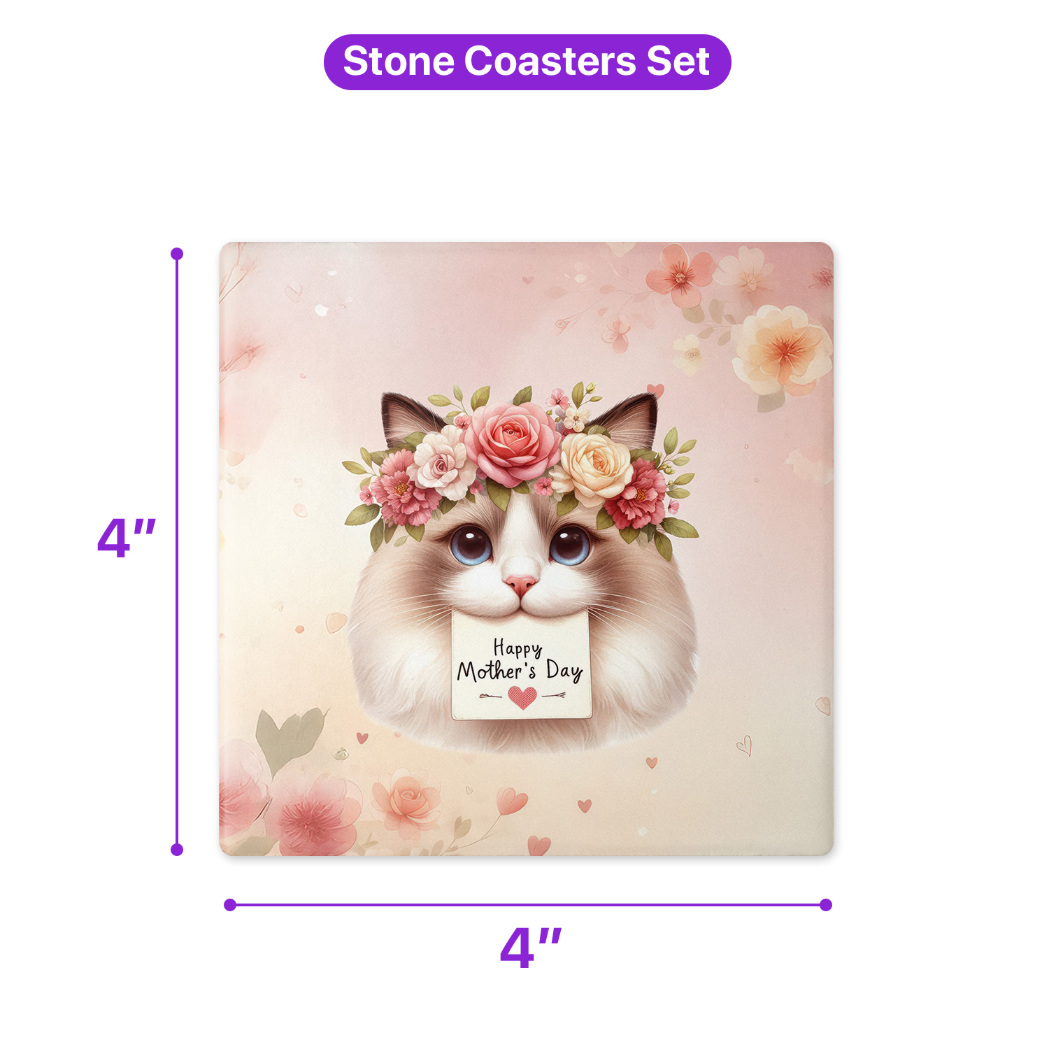 Happy Mother's Day Ragdoll with Flower Crown and Greeting Card Set of 4 Stone Coasters Cat Lover Kitten Owner Gifts Idea 4x4in Absorbent Soapstone Coaster - 13004