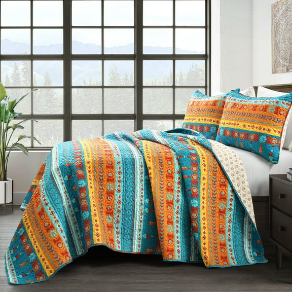 Boho Watercolor Border Quilt Turquoise/Multi 3-Piece Set