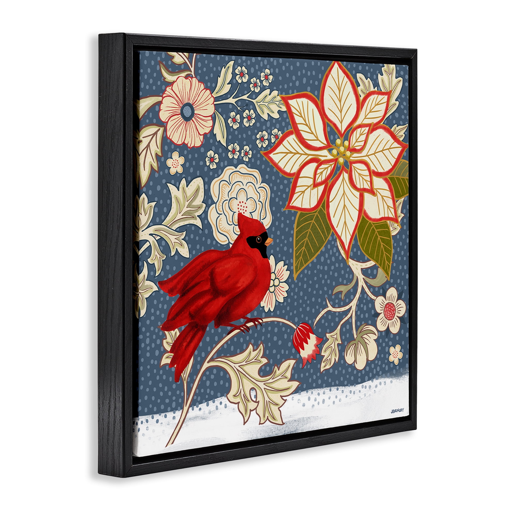 Stupell Industries Winter Cardinal with Flowers Animals & Insects Painting Black Floater Framed Canvas Art Print Wall Art, 25 x 25