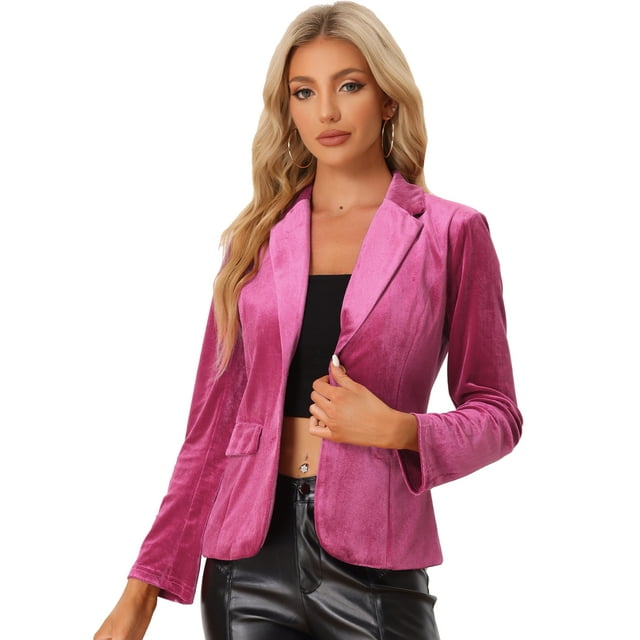 Chaqueta de terciopelo de oficina frontal con botón de solapa con muesca vintage para mujer Rosa Caliente XL