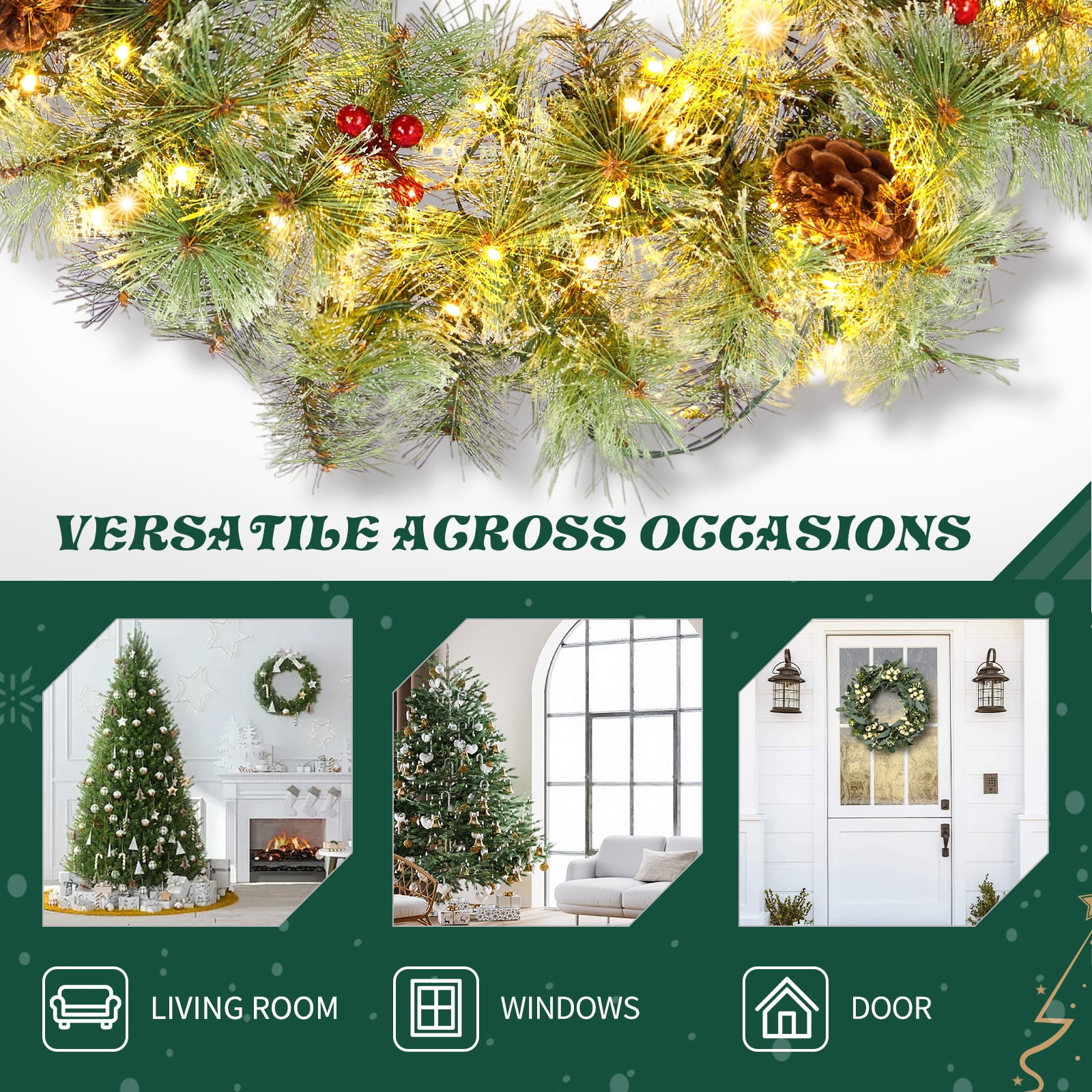 2 Pack 24in Pre-lit Christmas Wreath, Lighted Artificial Xmas Wreath with 100 Warm Lights and 150 Tips and Red Berries Pine Cones, for Front Door Gate Wall Xmas Party Decorations