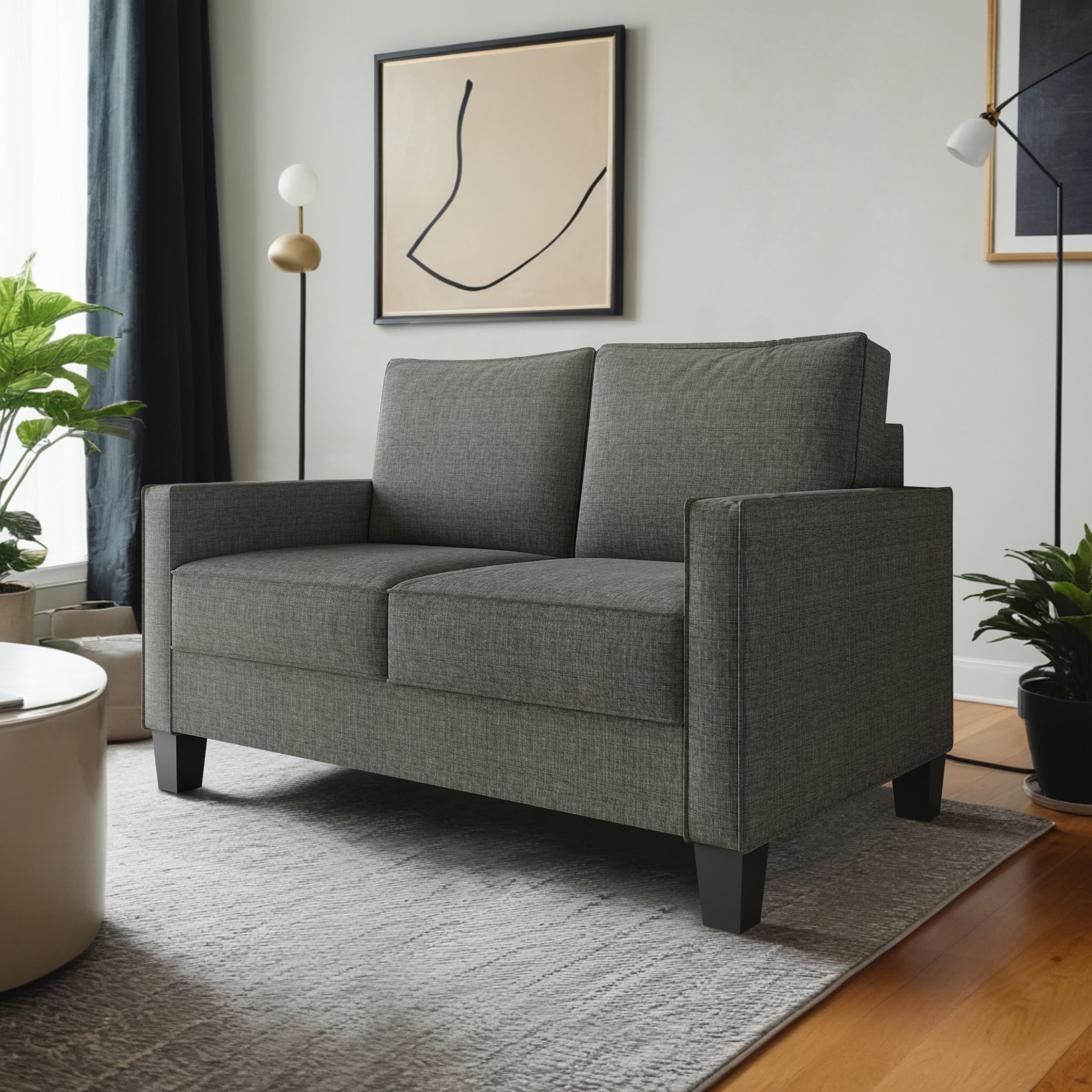 Home Design Marcia 2-Piece Square Arm Living Room Set with Loveseat and Sofa, Modern Upholstery and Black Legs, Gray