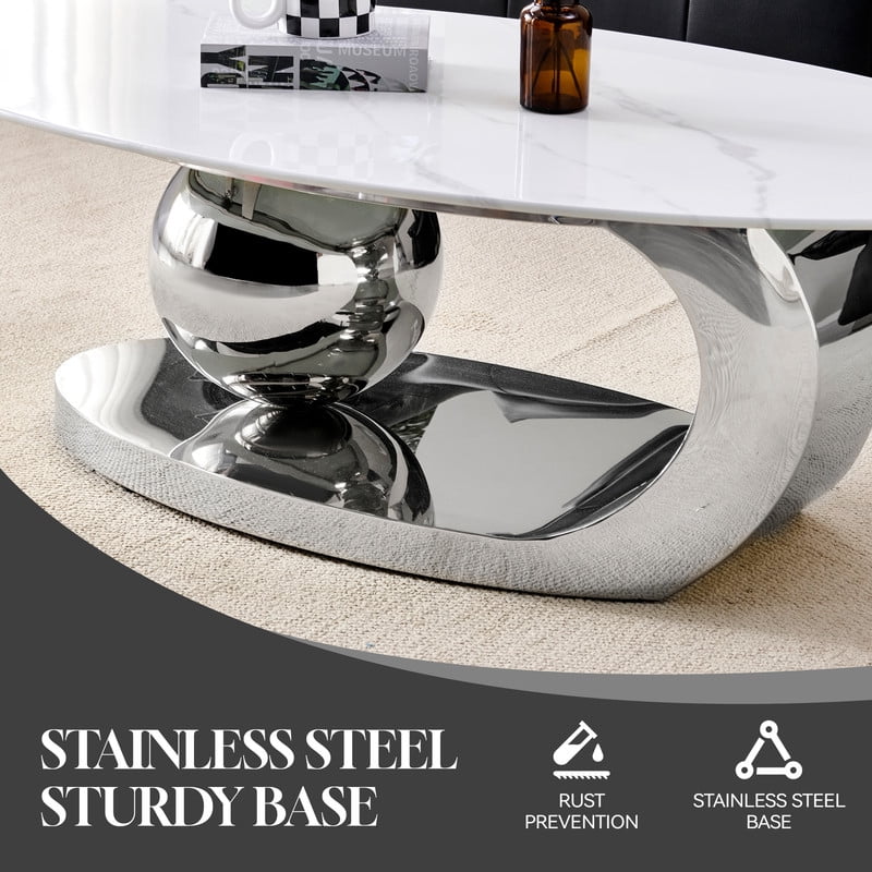 51.2-Inch Oval Faux Marble Top Center Coffee Table, Living Room End Table with C-Shaped Stainless Steel Base