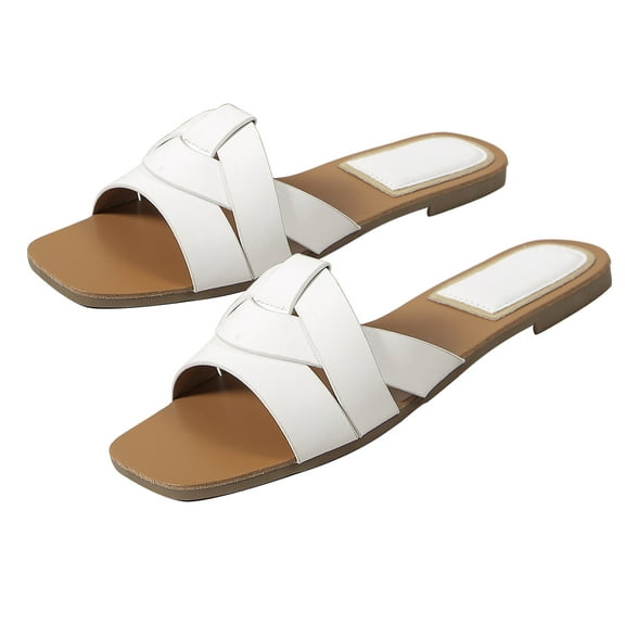 HonorHut Open Toe Flat Sandals Comfortable Minimalist Slippers Summer Beach Shoes Casual Woven Slip Women's Square Slides Size 6.5 White