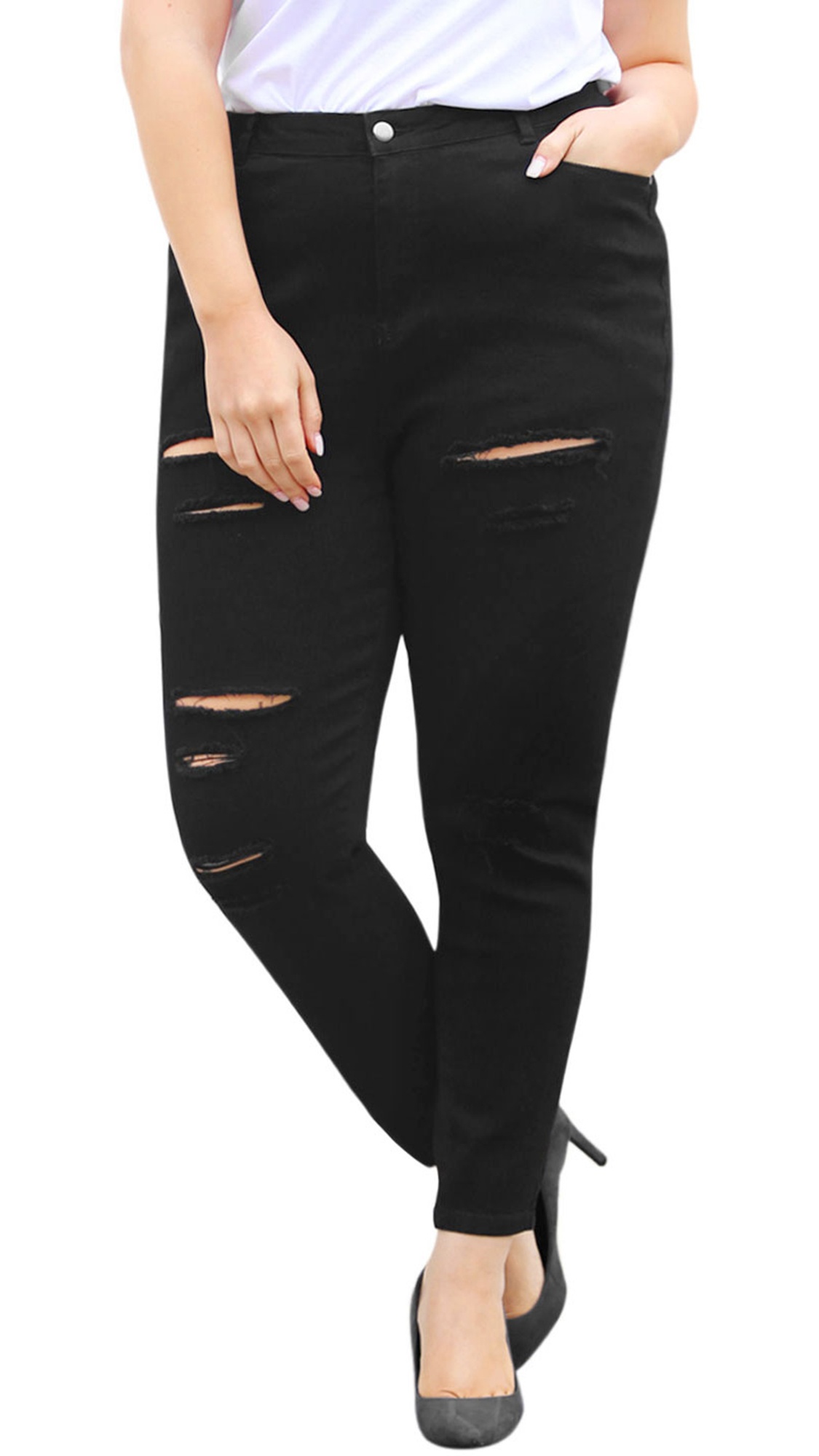 Unique Bargains Women's Plus Size High Waist Zip Fly Skinny Ripped Jeans