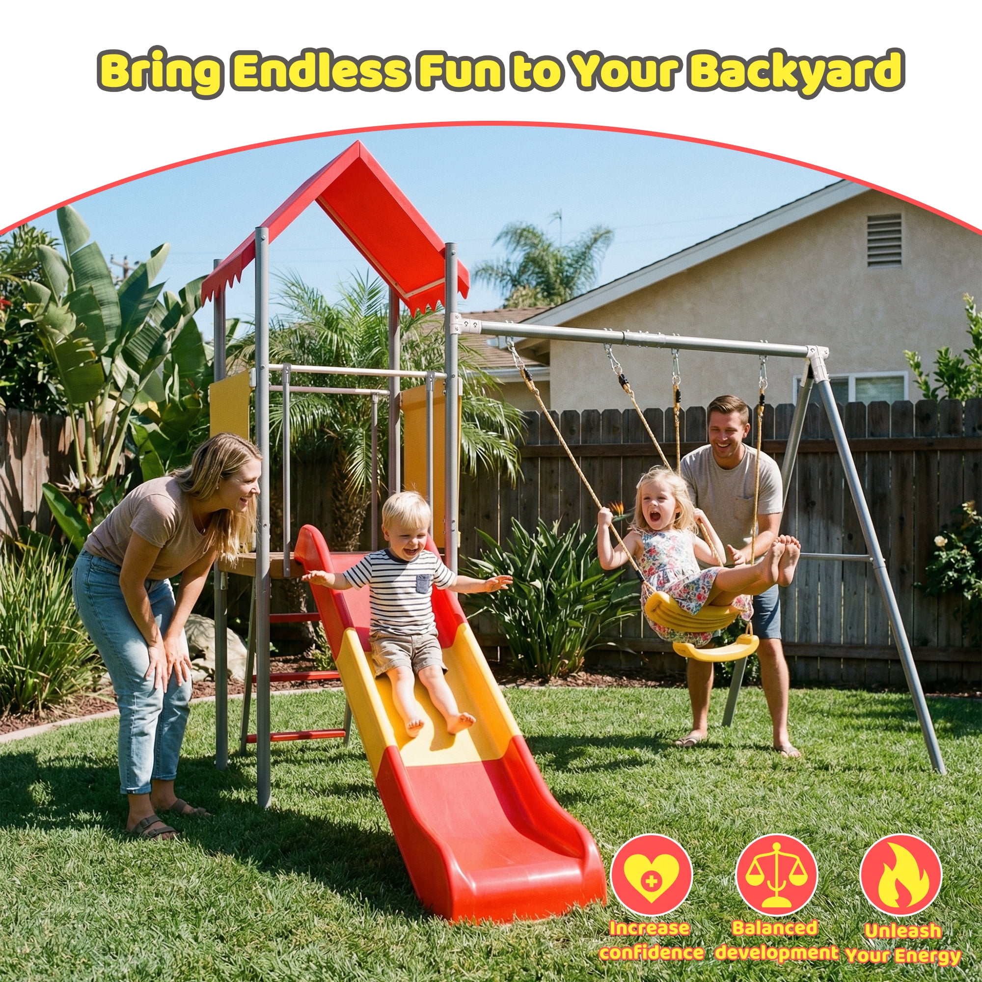 Leumius Metal Swing Sets for Backyard,Outdoor Playset with Slide,Heavy Duty Playground with 2 Swings,Durable Play Equipment with Canopy Roof, Flat-Step Ladder,Orange-Red