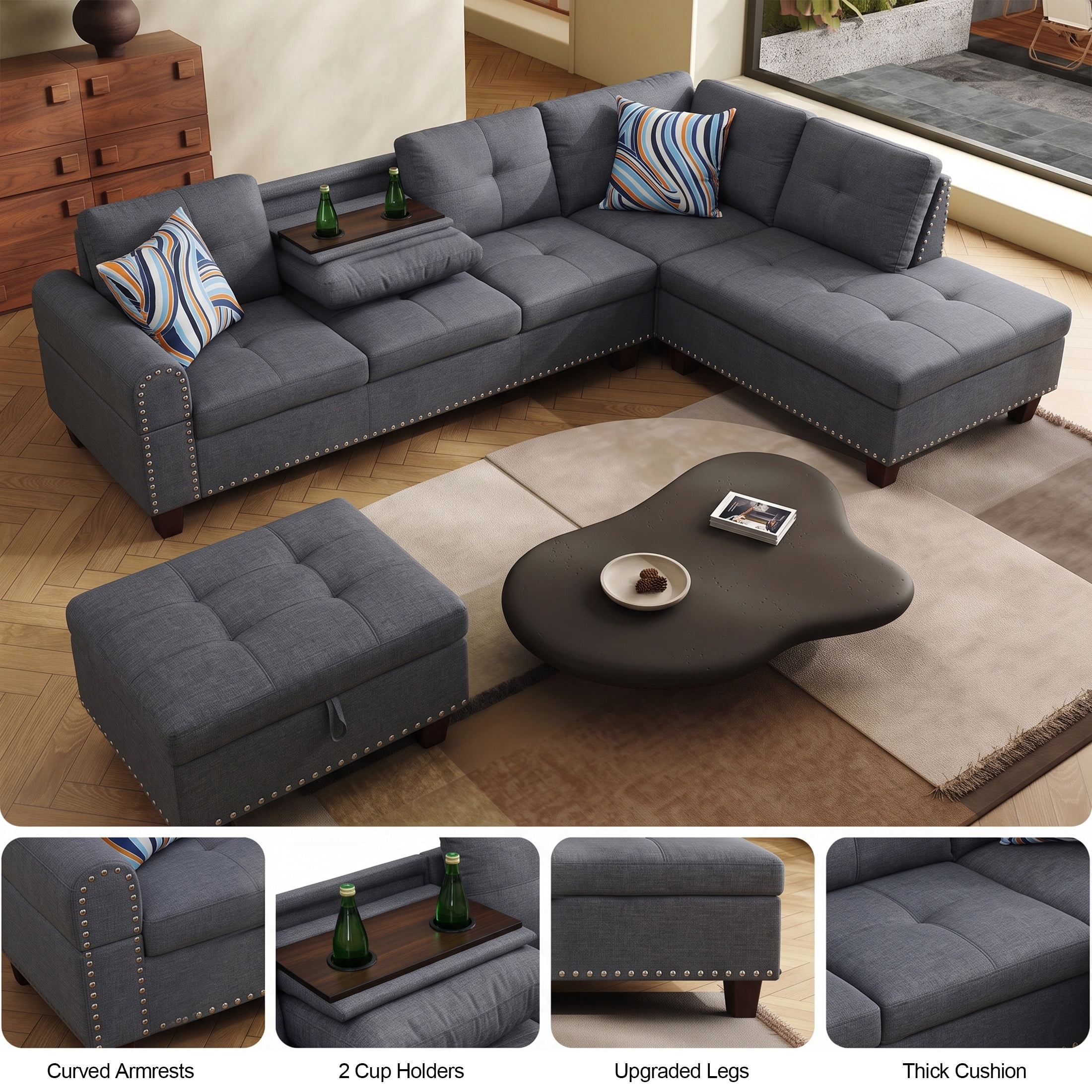 AENKYO 98" L-Shaped Sectional Sofa with Reversible Chaise, Storage Ottoman & Cup Holders, Linen, Dark Gray