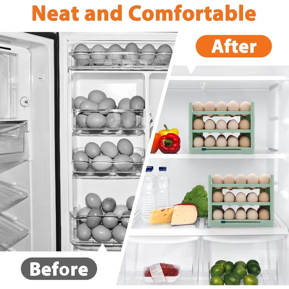Egg Holder for Refrigerator, 30 Grid Egg Tray for Refrigerator 3 Layer Organizer Bins Reusable Egg Container for Refrigerator Side Door Plastic Egg Carton