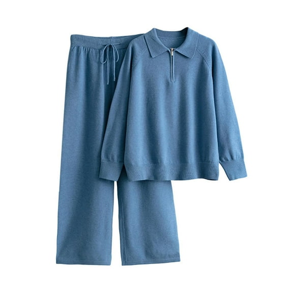 Women's Two Piece Outfits Sweater Lounge Sets 1/4 Zipper Long Sleeve Knit Pullover Wide Leg Pants Winter Clothes, Free Size