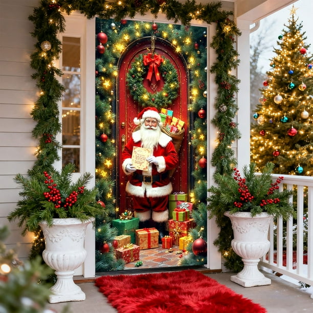 Seyotauo Merry Christmas Door Cover 72 x 35 Inch Xmas Tree Santa Snowman Fireplace Printed Door Hanging Cover Large Banner Background for Front Porch Outdoor Sign Holiday Party Decorations