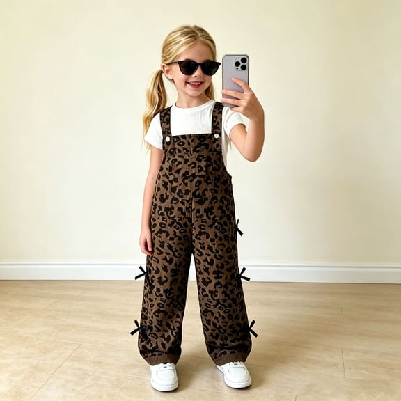 Girls Leopard Print Overalls Adjustable Strap Wide Leg Jumpsuit Cute Bow Side Sleeveless Bib Pants (Brown)