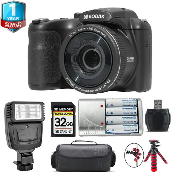 Kodak PIXPRO AZ255 Digital Camera (Black) Extra Battery 1 Yr Warranty 32GB (International Version)