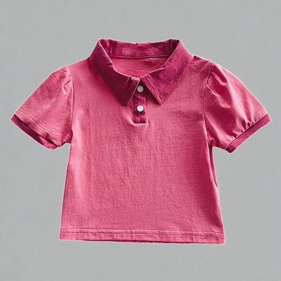 Krdevn Girls Cute Puff Sleeve Polo Shirt Solid Casual Summer School Top for Kids,6-7 Years