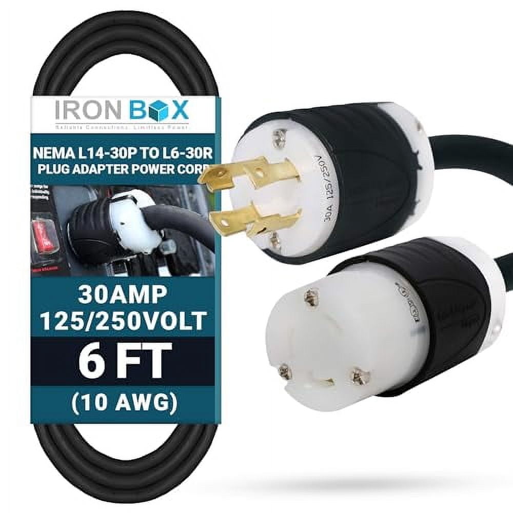 IronBox Electric NEMA L14-30P to L6-30R Plug Adapter Power Cord - 30A, 10 AWG, 125/250V - Heavy Duty UL Listed Power Cable for Generator, Outdoor, Data Centers, Camper & More (6 ft