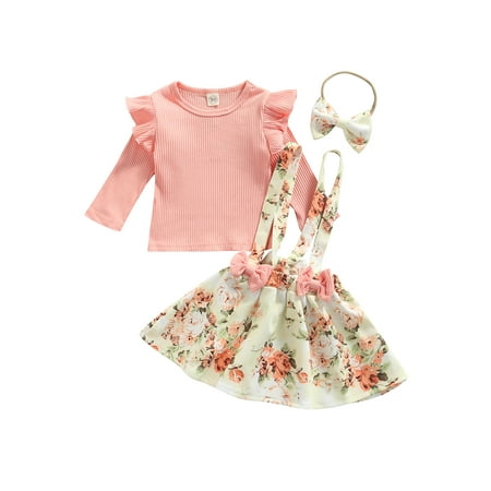 

Sunisery 3Pcs Kids Baby Girls Clothes Autumn Long Sleeve Pullover Tops Flowers Suspender Dress Bow Headband Pink 6-12 Months