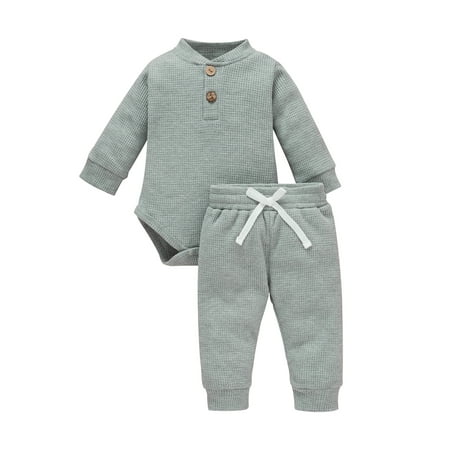 

Baby’s Solid Color Waffle Style Casual Button Round Neck Pullover Romper Match Tie-Up Long Pants Set