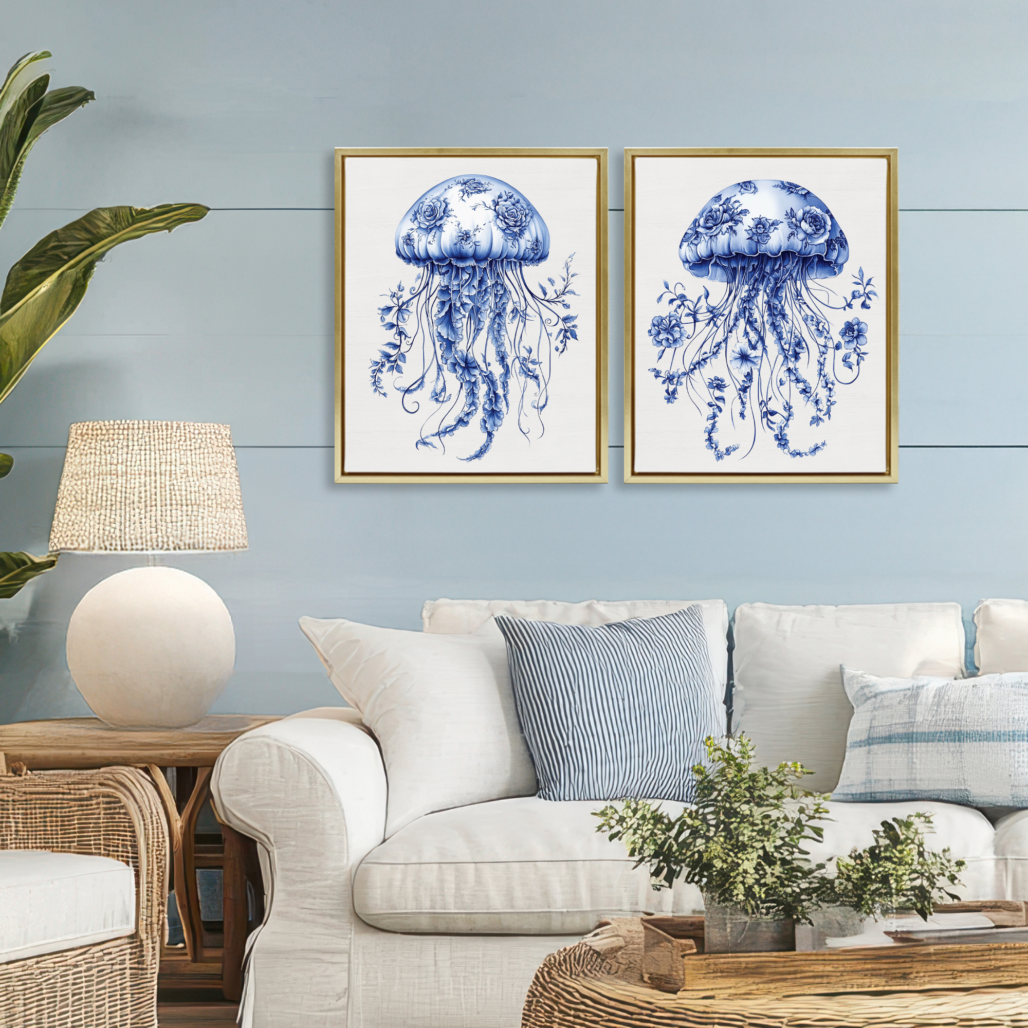 Funky Florals Toile Jellyfish 2 Piece Gold Framed Floater Canvas Set, design by Lettered and Lined