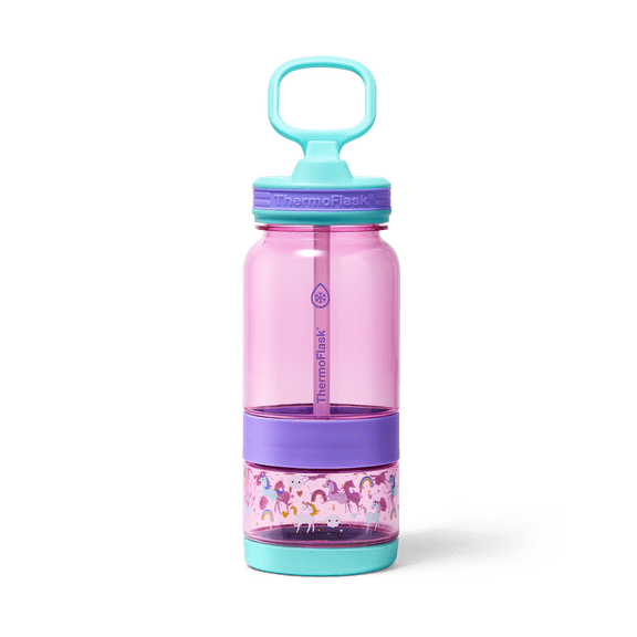 ThermoFlask 14 oz 2-in-1 Snack and Sip Durable Tritan Bottle with Integrated Snack Cup Compartment - Leakproof Folding Straw Lid - Protective Bumper - Unicorns Design