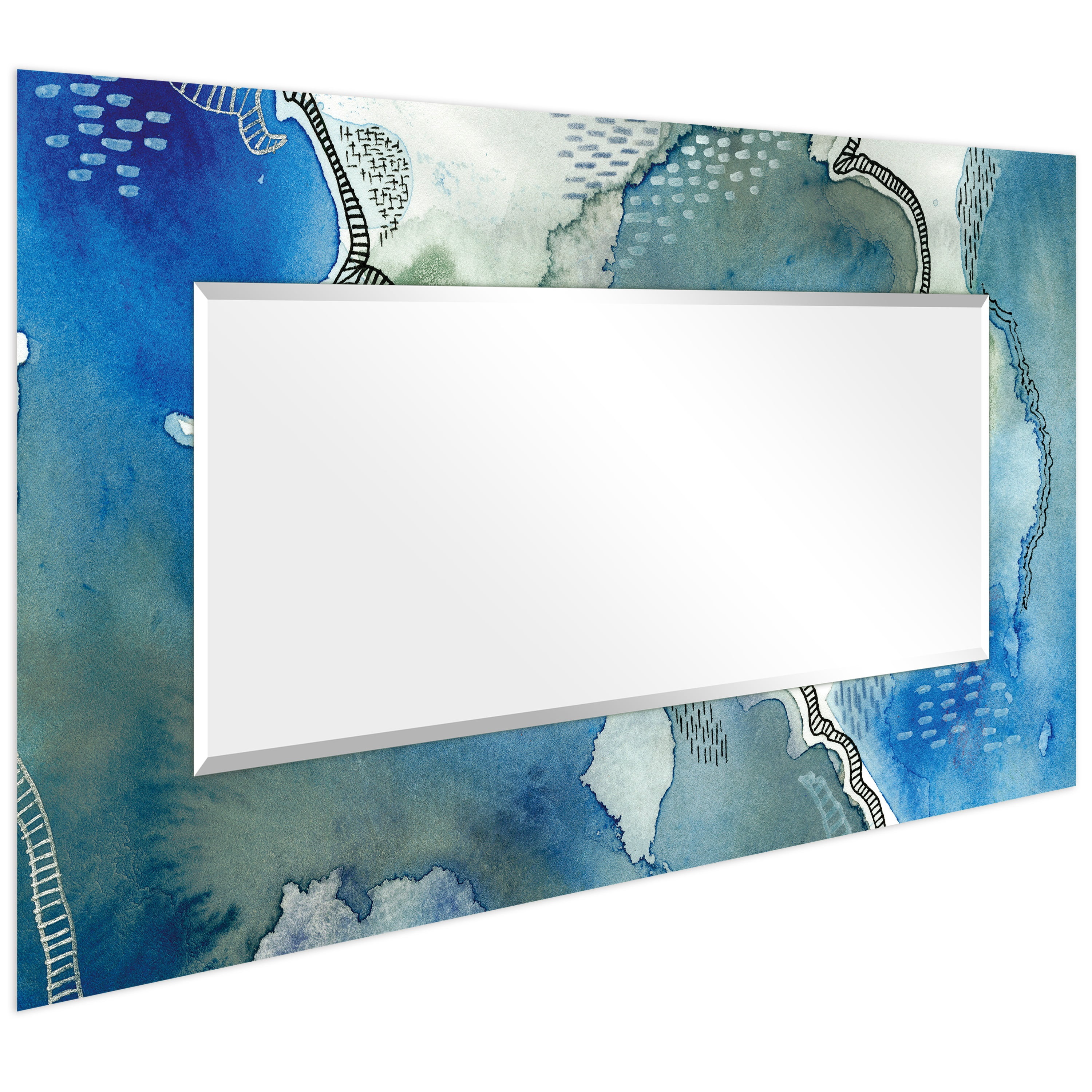 Empire Art Direct "Subtle Blue"Abstract Rectangular Beveled Wall Mirror on Free Floating Tempered Glass - Multi 72 x 36 Blue, Ivory