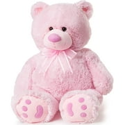 Joon Big Teddy Bear - Fluffy Faux Fur, Ribbon & Bow Signature Footprints- Huggable & Lovable Joy - Ideal Gift for Baby Showers, Loved Ones – Perfect Big Cuddly Plush Toy Companion, 28 Inches, Pink