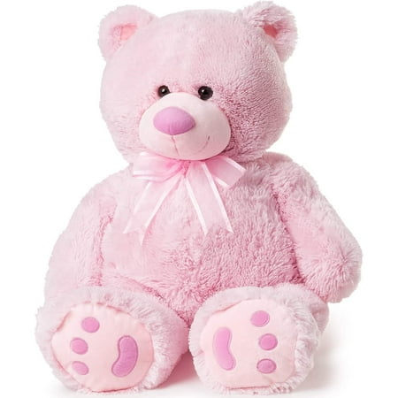 Joon Big Teddy Bear - Fluffy Faux Fur, Ribbon & Bow Signature Footprints- Huggable & Lovable Joy - Ideal Gift for Baby Showers, Loved Ones – Perfect Big Cuddly Plush Toy Companion, 28 Inches, Pink