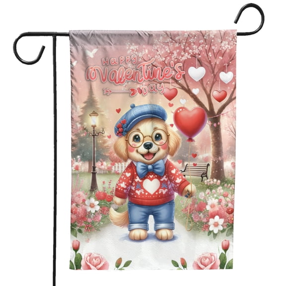 Happy Valentine’s Day Adorable Golden Retriever Puppy Holding Heart Balloon Garden Flag 12x18in Double Sided Goldens Dog Lover Gifts Idea Outdoor Decor - 00030