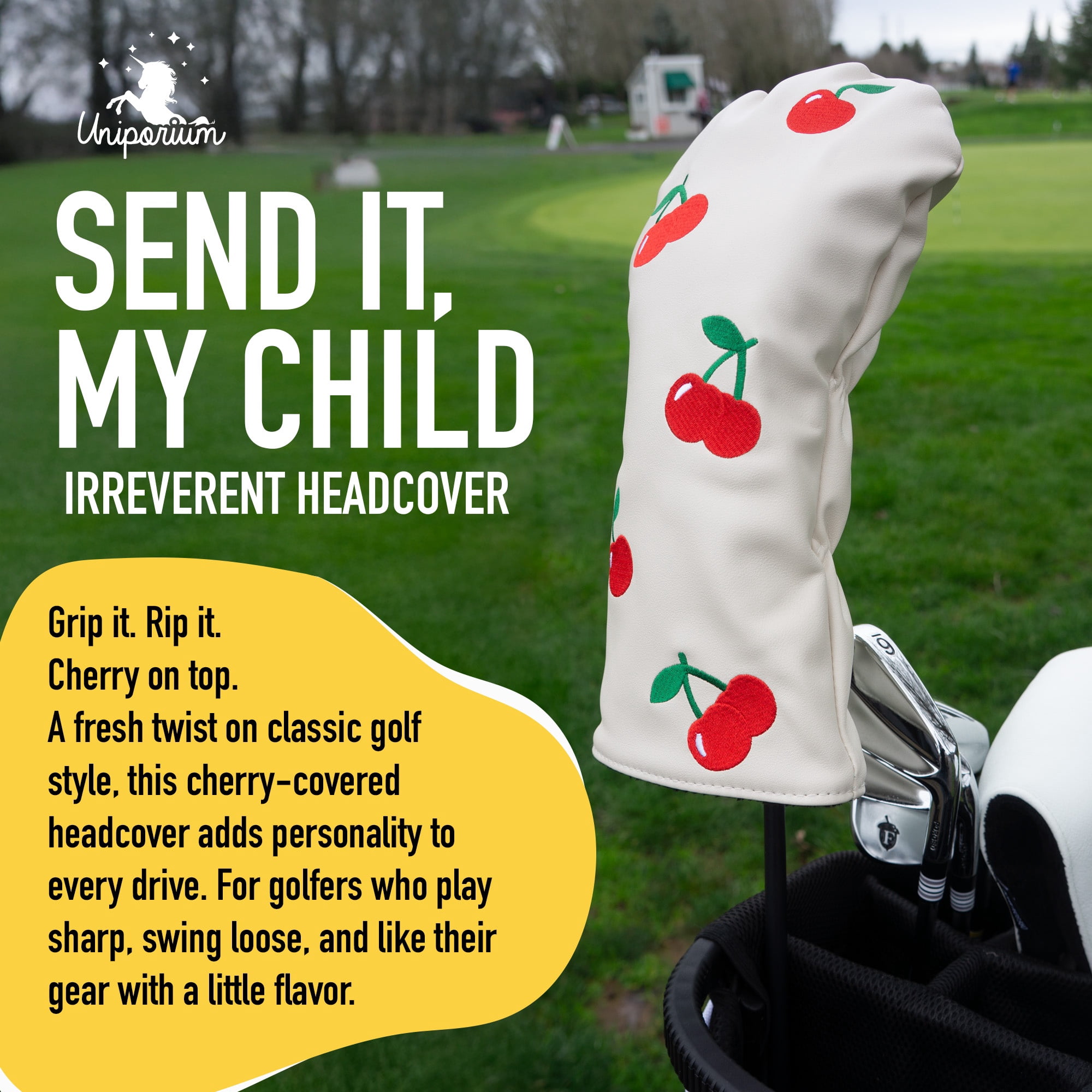 Uniporium Cherry Novelty Head Cover – Premium PU Leather Golf Driver Headcover with Embroidered Details, Designed for Modern 460cc Drivers, and a Fun Golf Accessory and Gift