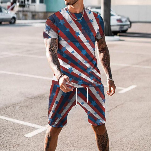 TIMIFIS Ensembles Courts pour Hommes 4 Juillet Tenues 2 Pcs Mode Été Survêtements Ensemble Décontracté Col Rond Imprimé Fête de l'Indépendance Chemisier à Manches Courtes et Shorts Pantalon Ensemble Deux Pièces