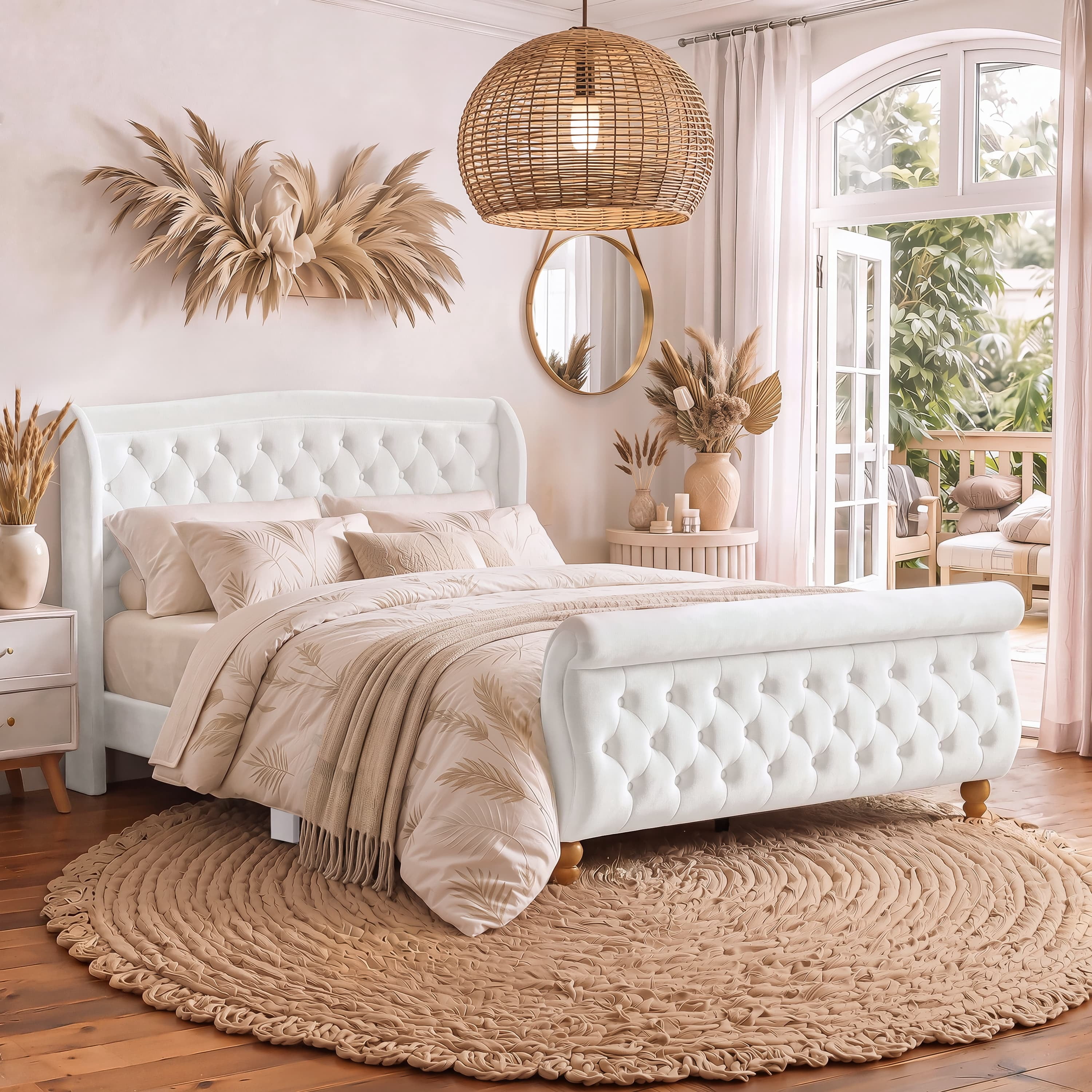 Euroco Velvet Upholstery Queen Size Platform Bed, Button Tufted Sleigh Bed Frame, No Box Spring Needed, Beige