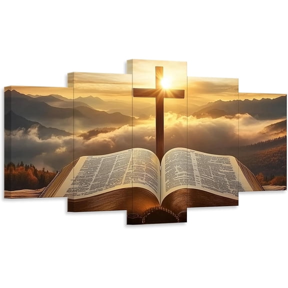 ZHONGYUTONG Cross Canvas Wall Art 5 Piece Holy Bible and Cross Pictures Christian Religious Painting for Church Prayer Room Decor Framed (8x14inx2pcs 8x18inx2pcs 8x22inx1pcs)
