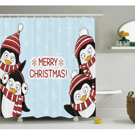 Christmas Decorations Shower Curtain New Year Quote Cute Penguins Christmas Decorations Shower Curtain New Year Quote Cute Penguins With Hats And Scarf Snowflakes Kids