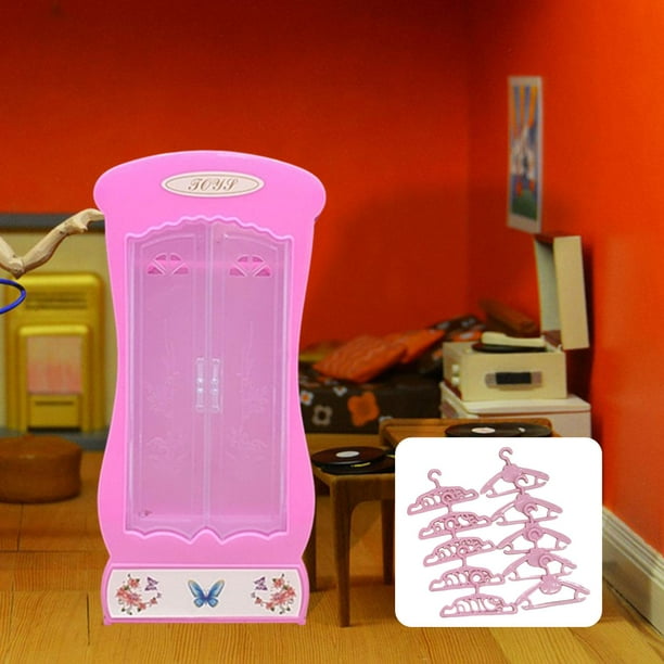 Armario Ropero Para Casa De Muñecas De 15x8x18 Cm – Mueble De Juguete Con 10 Perchas, Fácil Montaje, Estable Y Resistente De PP, Decoración Rosa Para Muñecas