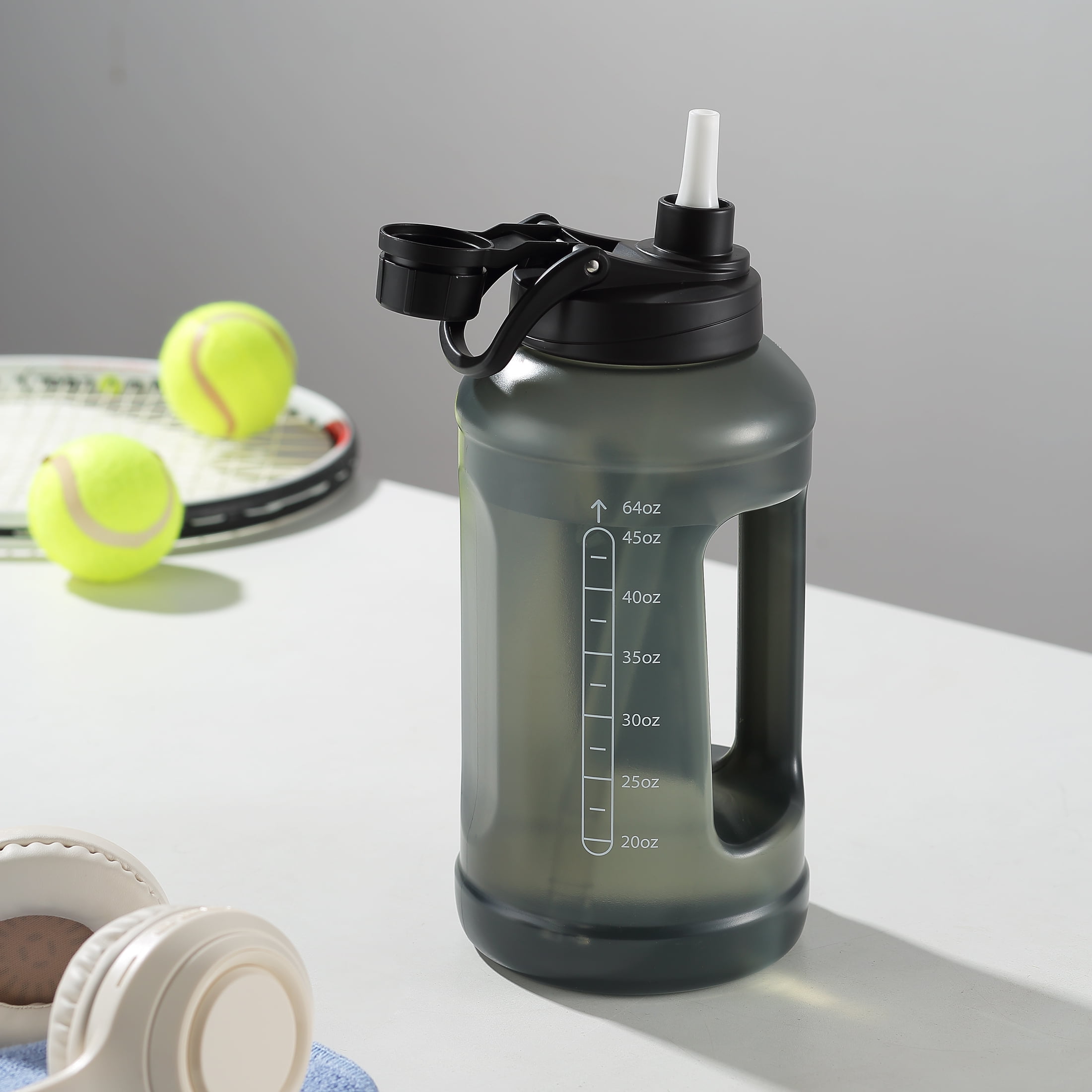 Mainstays 64 Fluid Ounces Water Bottle, Translucent Black, with Straw/ Chug 2 in 1 Lid, Light Weight, Reusable, Plastic