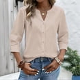 thumbnail image 6 of JoveMarine Women's Solid Color Casual Button Up Blouse Round V-Neck Short Sleeve Top Lightweight Office Work Shirt for Spring Fall Daily Wear Beige M, 6 of 6