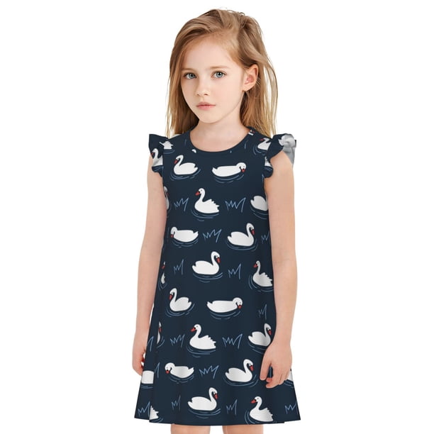 Balery Cartoon Swan Camisón de princesa para niñas, pijama de algodón con mangas abullonadas, suave y bonito.-Small