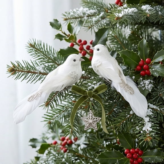 PONPRNGY 2Pcs Glitter Birds White Artificial Foam Feather Birds Clip on Christmas Tree Ornaments Wedding Home Wreath Decoration