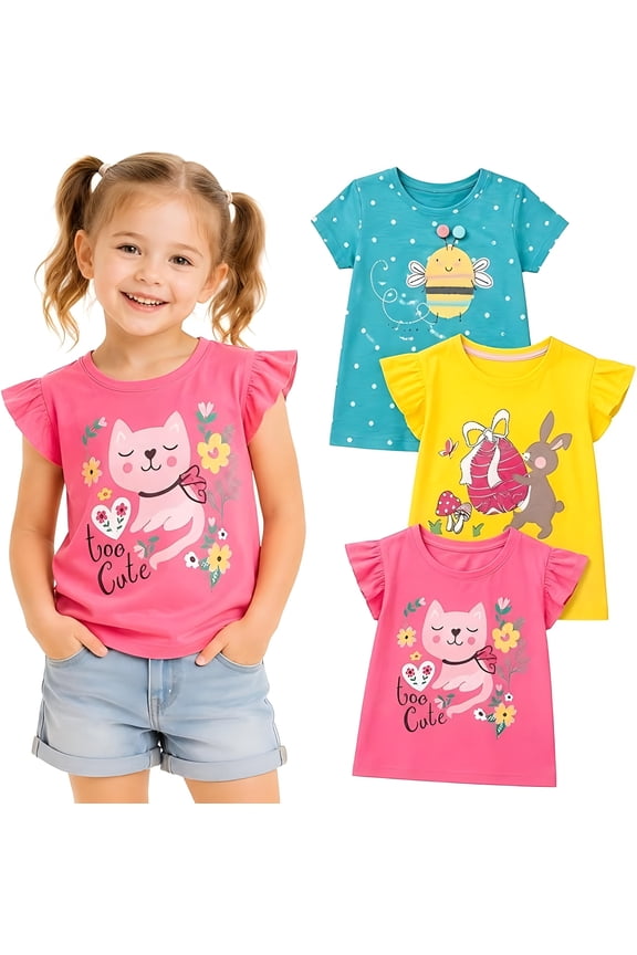 Toddler Girls' Short Sleeve Tee Shirt Cotton Casual Crewneck Cat Rabbit Bee Graphic Tops T-Shirts Pink Yellow Green 3 Packs Sets 4T
