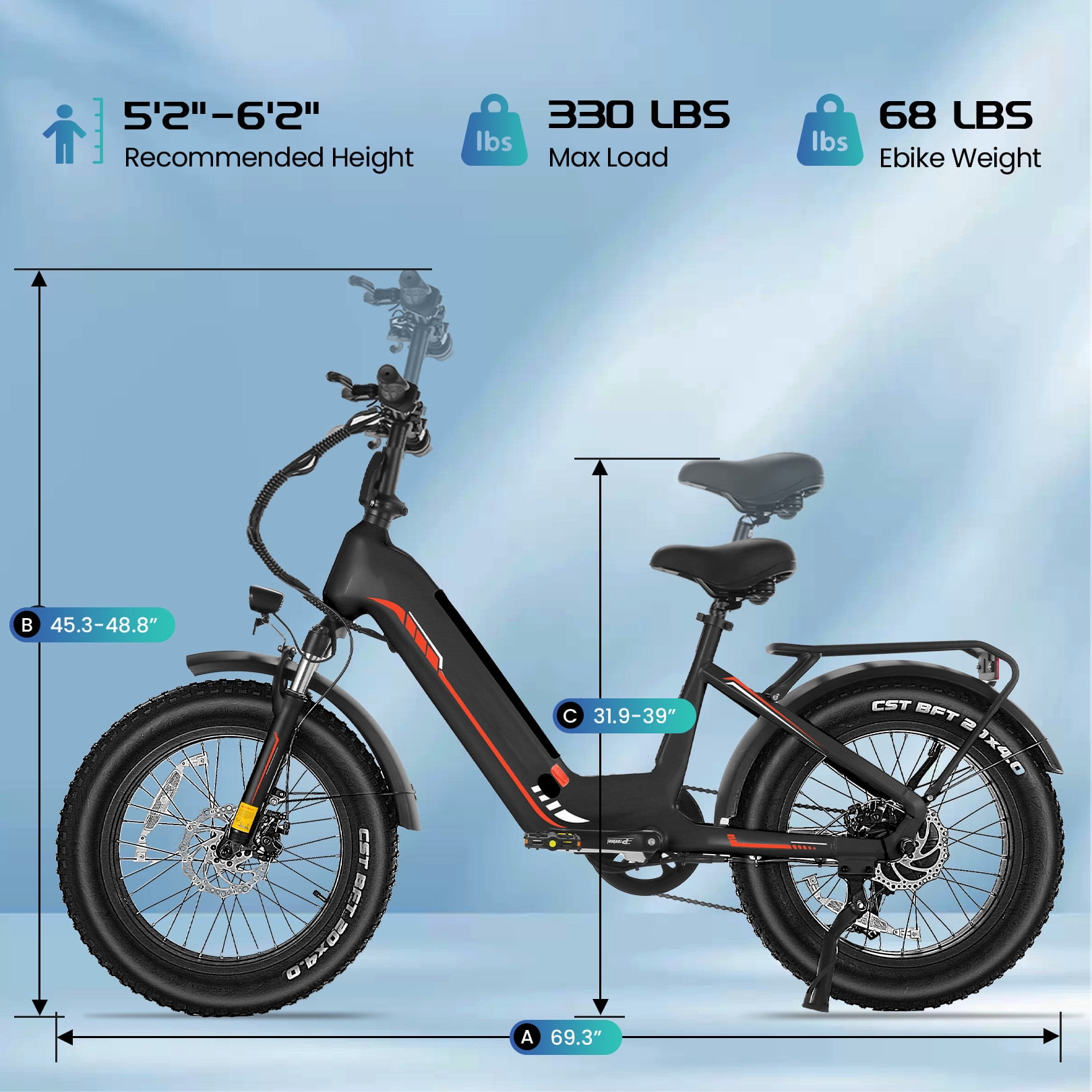 Elifine 500W Peak 1025W Electric Bike for Adults 20"x4" Fat Tire Shimano 7 Speed Ebike UL2849 Red